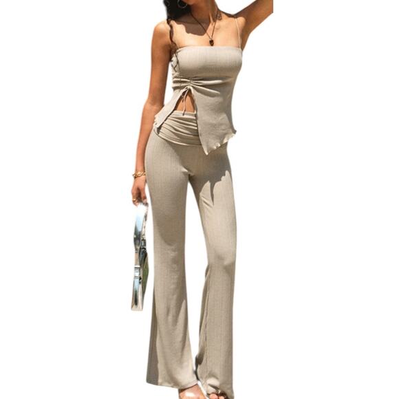 Commense Ribbed Two Piece Set Beige XL | Sleeveless Tie Top & Flared Pants NWT - Picture 1 of 6